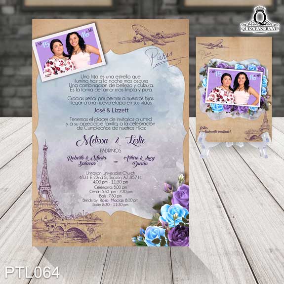 Invitaciones de 15 Años de Torre Eiffel Flores PTL064