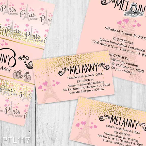 Invitaciones de 15 Años de Torre Paris Corazones PTL117
