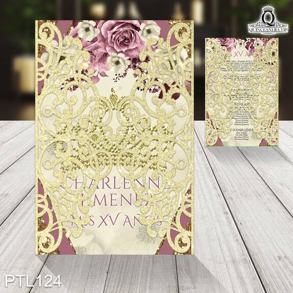 Invitaciones de 15 Años Coronas Flores Brillantina PTL124